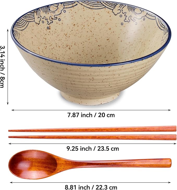 40 OZ ceramic ramen bowls, 8 IN large Japanese noodle soup bowl, match chopsticks and spoons, suitable for Pho, Udon Asian noodles (Japanese fish)