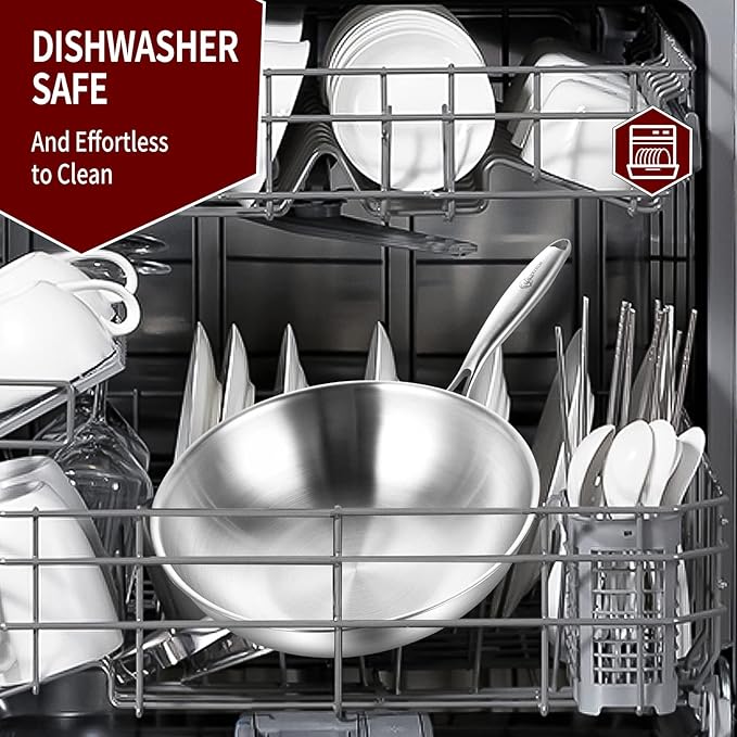 LOLYKITCH Tri-Ply 13 Inch Stainless Steel Wok Pan with Lid, Stir-Frying Pan,Induction Wok,Dishwasher and Oven Safe,Heavy Duty and Detachable handle.