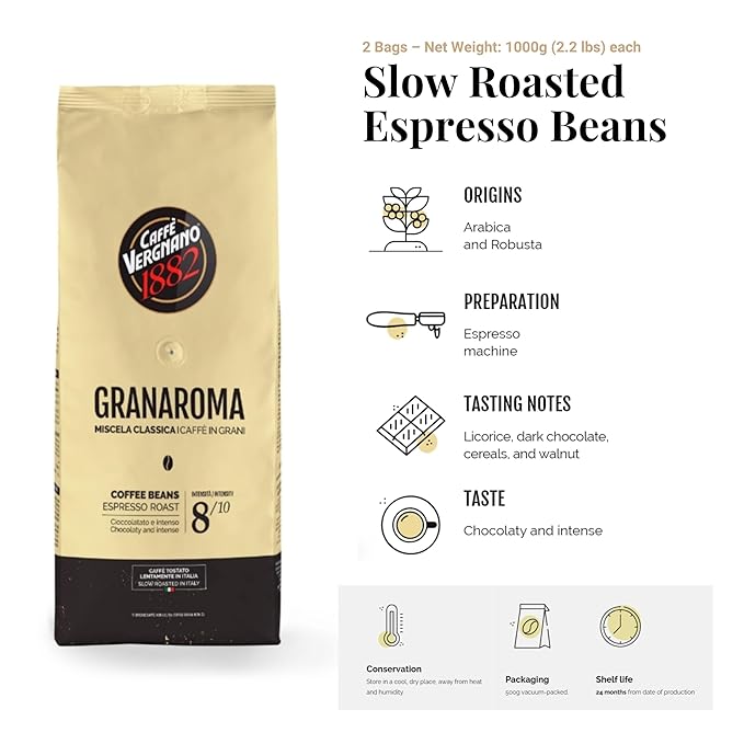 Caffe Vergnano 1882 Gran Aroma Whole Bean Arabica Medium Espresso Roast Coffee, 2.2lbs Bag - Italian Coffee Beans with Rich notes of Cocoa, Spices & Dried Fruit, Intensity 8/10-1000g Bag (2 Pk)