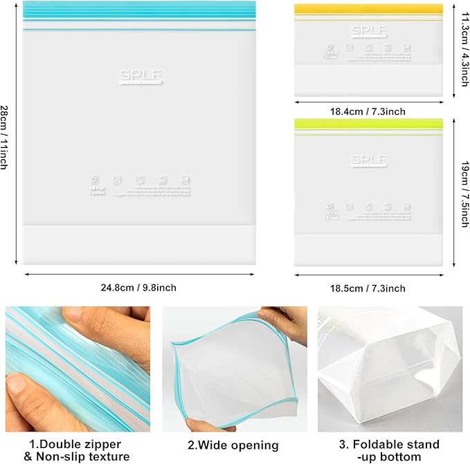 SPLF 8 Pack Reusable Gallon Freezer Bags Dishwasher Microwave Safe, 1 Gallon BPA Free Leakproof Food Storage Bags, Silicone Free Containers for Meal Prep, Fridge Kitchen Organization