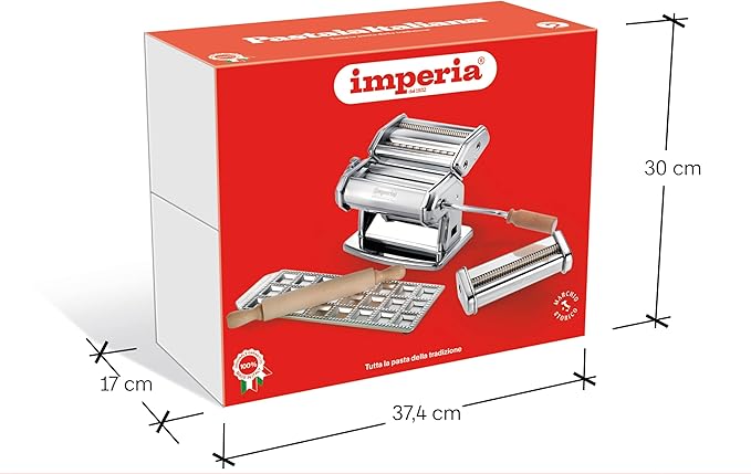 Imperia Pasta Maker Gift Set w Accessories- Includes Pasta Machine, Ravioli Mold Press, Wooden Rolling Pin & Cutter Attachment- Made in Italy- Durable Steel Construction- Make Fresh Homemade Noodles