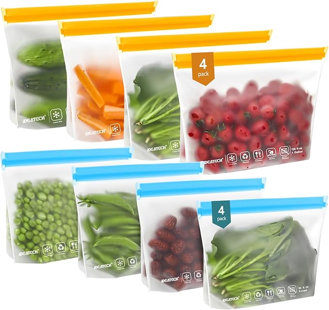 IDEATECH 8Pack Gallon Bags Dishwasher Safe, Leakproof Reusable Gallon Freezer Bags, BPA Free Reusable Gallon Bags, Food Storage Bags Silicone for Meats, Sandwich, Travel (8Gallon, Colored)