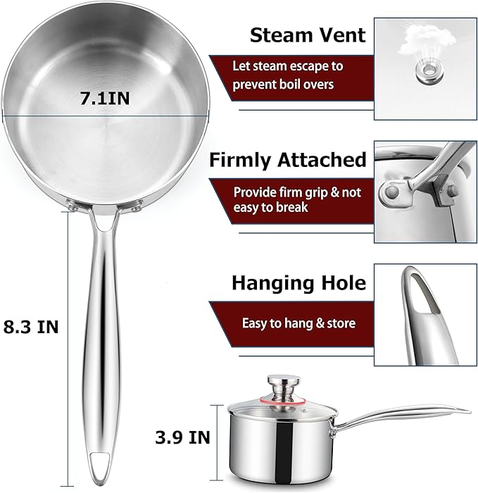 Homikit 3QT Saucepan with Lid, Tri-Ply Stainless Steel Sauce Pan, Induction Cooking Pot with Ergonomic Handle, Small Pot for Cooking, Warming Milk, Boiling Eggs, Dishwasher Safe