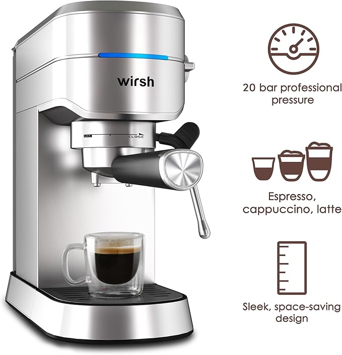 wirsh Espresso Machine,20 Bar Espresso Maker with Commercial Steamer for Latte and Cappuccino, Expresso Coffee Machine with 42 oz Removable Water Tank,Stainless Steel (Home Barista)