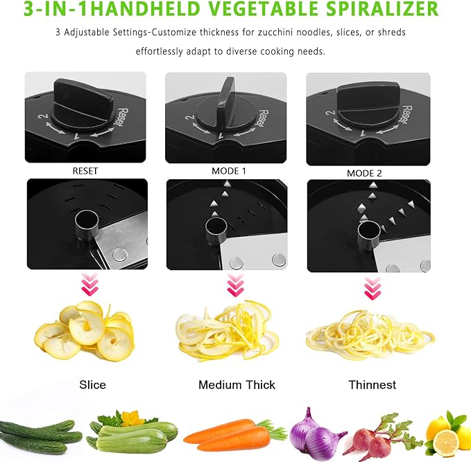 Handheld Spiralizer, 3-in-1 Zucchini Spiralizer Noodle Maker, Spiralizers for Veggie Noodles, Perfect for Zucchini, Carrots, & More, Portable Kitchen Tool (Black)