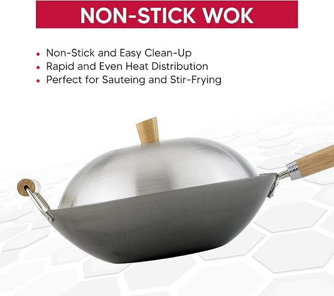 Helen's Asian Kitchen Wok Set - Wok Pan with Lid, 13.5 Inch Carbon Steel Wok - Nonstick Flat Bottom Wok for Stir Fry - Includes 4pc Accessories - Perfect for Gas, Electric, Induction Stovetops