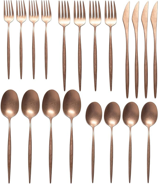 Luxury Vintage Flatware 20-Piece Set – Service for 4, Premium Stainless Steel with Weighted Handles, Aged Heirloom Finish, Dishwasher Safe, Elegant and Modern Cutlery (Vintage Copper)