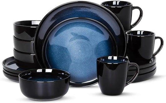 Romswi 16Pcs Dinnerware Set for 4, Stoneware Plates and Bowls Sets with Mugs, Chip & Scratch Resistant Dish Set, Handmade Reactive Glaze, Oven, Microwave and Dishwasher Safe, Dreamy Moonlight-Blue
