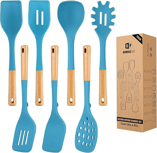 Silicone Kitchen Utensil Set for Non Stick Cookware, 7 Pcs Heat Resistant Cooking Utensils with Wooden Handle, BPA Free Kitchen Tools with Spatulas, Spoons, Skimmer and Pasta Fork (BLUE)