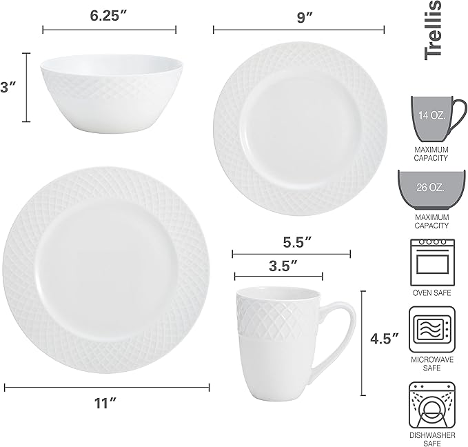Mikasa Trellis Bone China 16-Piece Dinnerware Set, Service for 4, White Lightweight Porcelain with Textured Design, Chip-Resistant and Dishwasher Safe