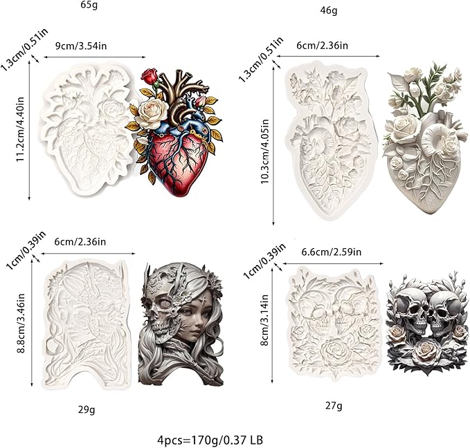 (Four-piece set) Heart-shaped flowers, skeleton girl, skull flowers, DIY silicone mold, cake chocolate mold wedding cake decoration tool marshmallow cake mold