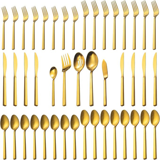 Alata Cube Gold 45-Piece Flatware Set, Forged Cutlery Set, Matte Gold Silverware Service for 8, Stainless Steel Tableware with Square Handle for Home/Restaurant, Dishwasher Safe
