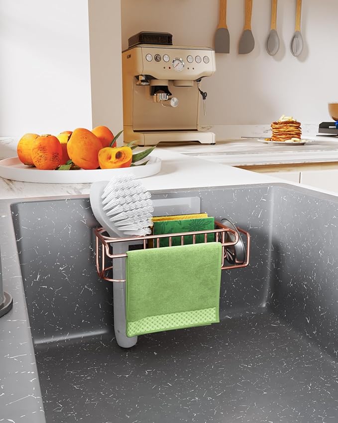 HapiRm Sponge Holder for Kitchen Sink, No Drill Kitchen Sink Caddy Organizer, Rustproof and Waterproof Dish Sponge Holder - Rose Gold