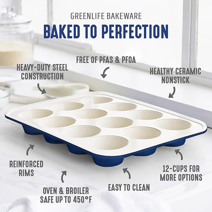 GreenLife 12-Cup Muffin Pan, Healthy Ceramic Nonstick Bakeware, PFOA & PFAS-Free Cupcake Sheet, Durable Baking Tray, Versatile Kitchen Essentials, Easy Clean Muffin Mold, Nonstick Baking Pan, Blue