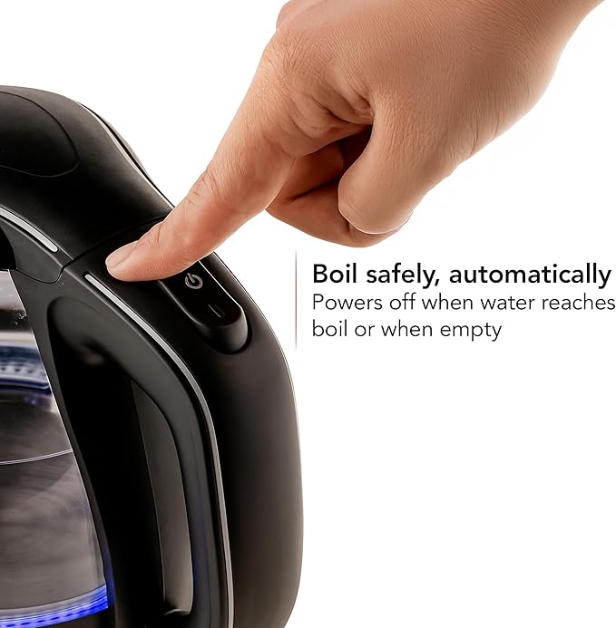 OVENTE Electric Kettle, 1.5L Borosilicate Glass Countertop Water Heater and Boiler for Coffee or Tea, BPA-Free, Auto Shut-Off, Boil-Dry Protection, Removable and Washable Spout Filter, Black KG83B