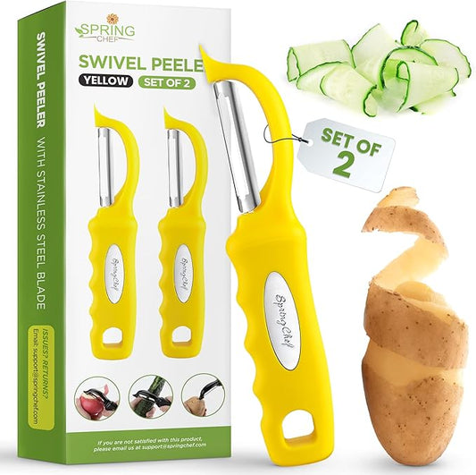 Spring Chef Premium Stainless Steel Yellow Swivel Potato Peelers for Kitchen, Dishwasher Safe Carrot Peeler with Comfortable Handle, Perfect for Vegetable, Fruit, Apple, Cucumber - Set of 2