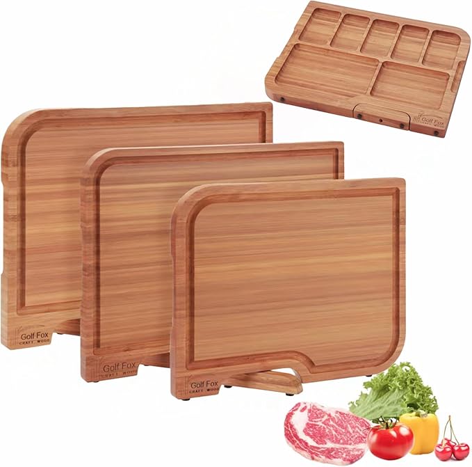 3-PCS Bamboo Cutting Board Set, Wood Cutting Board for Kitchen with Innovative Stand, Juice Groove & Handle, Double Sided for Chopping & Charcuterie Board, Kitchen Gift for Home Cooks, For Meat &Fruit