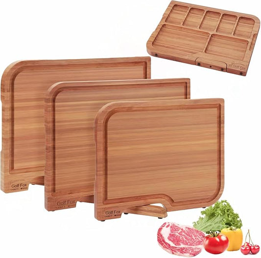 3-PCS Bamboo Cutting Board Set, Wood Cutting Board for Kitchen with Innovative Stand, Juice Groove & Handle, Double Sided for Chopping & Charcuterie Board, Kitchen Gift for Home Cooks, For Meat &Fruit