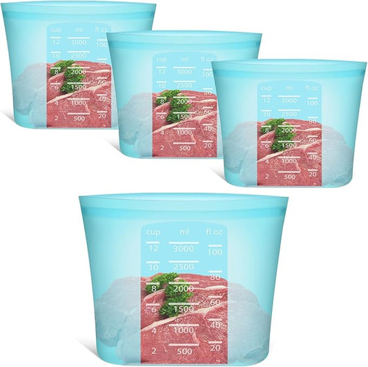 Reusable Food Storage Bags Extra Large, 0.8 Gallon/101 fl.oz/3000 ml, 4 Pack 100% Silicone Food Storage Bags Stand-Up Wide-Mouth Zip-Lock for Large Items, Freezer Microwave Oven Dishwasher Safe, Blue