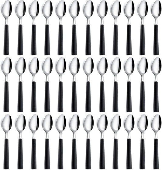 Pleafind 36Pcs Dessert Spoons Set (7.4 inches), Stainless Steel Mirror Polished Spoon with Black Frosted Handle, Spoons Silverware for Home, Kitchen, Restaurant, Dishwasher Safe