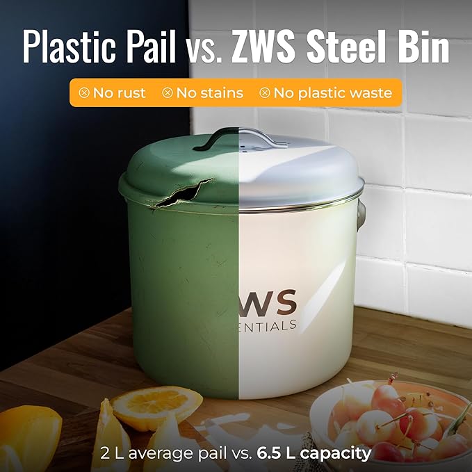 White Stainless Steel Compost Bin | 6.5L Odor-Free Kitchen Countertop Food Scrap Pail with Charcoal Filter | Compact Zero Waste Solution for Home and Apartment Kitchens