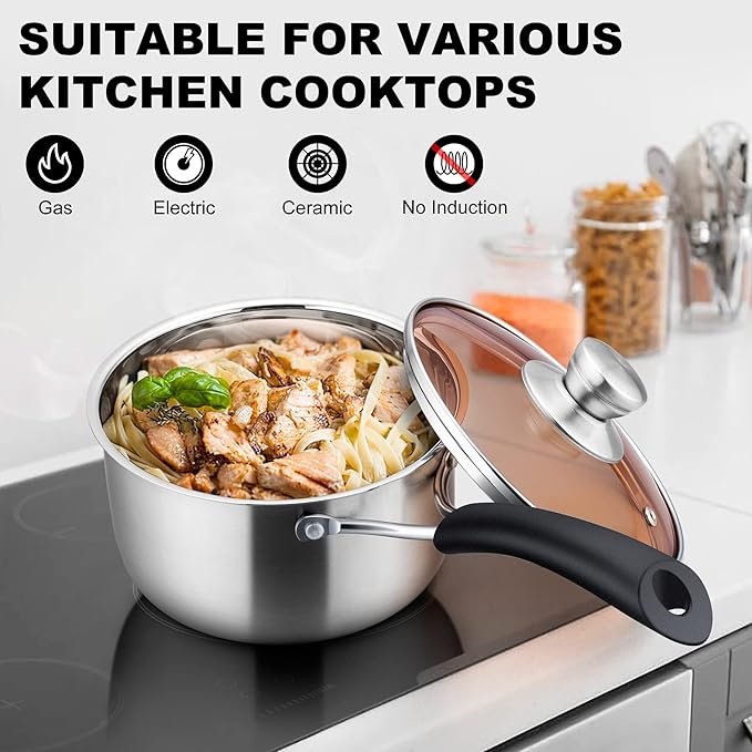 LIANYU 1QT & 2QT & 3QT Saucepan Set with Lids, 18/10 Stainless Steel Sauce Pan Cookware Sets, Kitchen Cooking Small Pots with Long Heatproof Handle, Easy Clean & Dishwasher Safe
