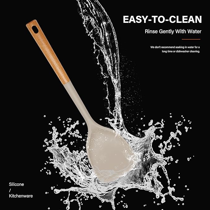 Silicone Cooking Utensils Set, Heat Resistance Large Kitchen Utensils Set with Long Wooden Handle, BPA-free Silicone Spatula, 6 Pcs Cooking Spoons for Non Stick Frying Pans and Pots(Khaki）