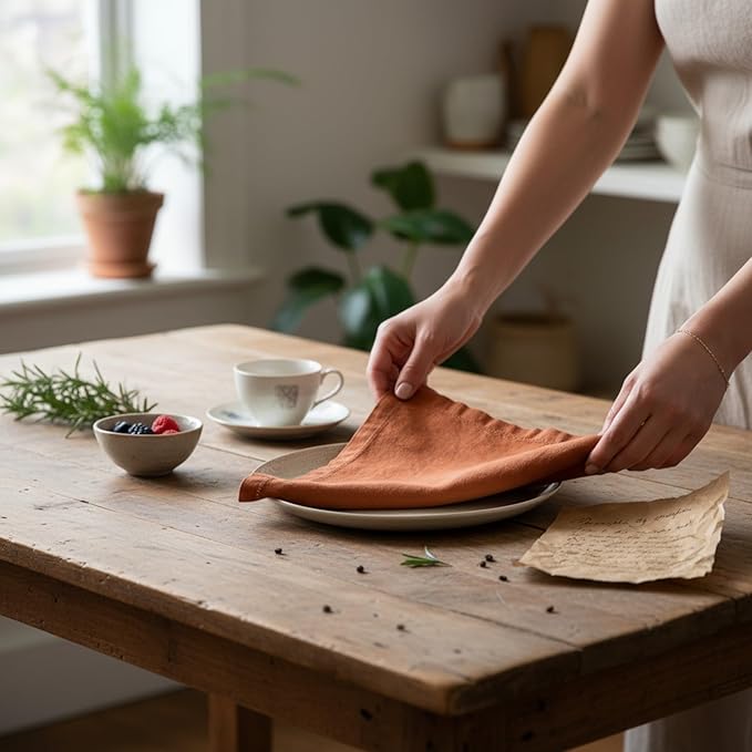 Hemstitched Linen Napkins – 20 Inch x 20 Inch – Stonewashed Pure Linen Cloth Dinner Napkins with Mitered Corners - 100% French Flax – Machine Washable - Set of 4 (Rustic Orange)