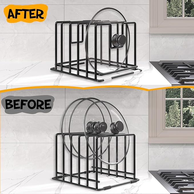 2 Pack Cutting Board Organizer and Pot Lid Holder, Kitchen Cabinet Organizer Rack with 7 & 5 Compartments, Heavy-Duty Iron Baking Sheet Pan Organizer with Non-Slip Base, Space-Saving Kitchen Storage