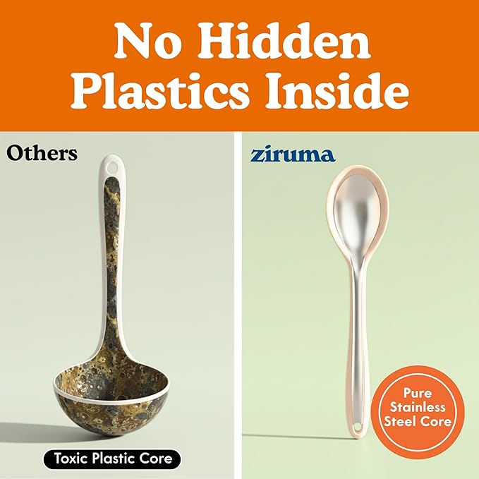 Non-Toxic Platinum Silicone Kitchen Utensil Set of 4 – Non-Scratch Cooking Spoon & Spatula, 100% Plastic Free, Stainless Steel Core, Heat Resistant 500°F, Beige