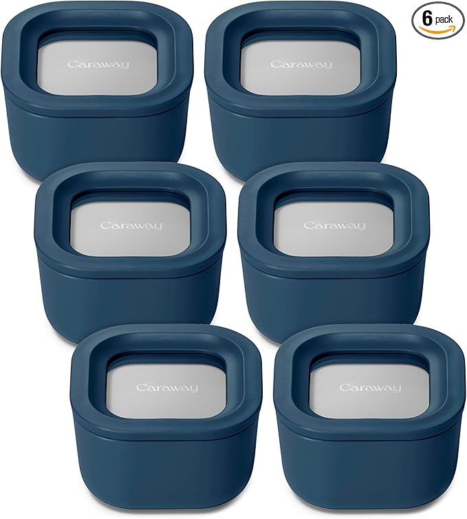 Caraway 6pc Food Storage Container Set - 1.75 Cup Glass Storage Container for Food (6) - Non-Toxic Ceramic-Coated Glass - Air Release Technology - Compact & Stackable Design - Navy