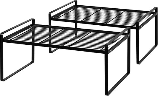 2Pack Kitchen Cabinet Shelf Counter Organizer Rack Pantry Storage Bathroom Bedroom Office Table Desk Space Saving Stackable Rust Resistant Non Slip Black Wide L16.1in W10.6in H7.3in