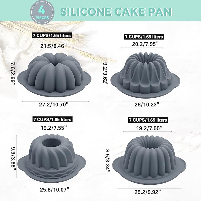Tongjude 4 Pieces Silicone Fluted Tube Cake Pans, 7 Cups Tube Baking Pan, Jello Mold, Silicone Molds for Homemade Cake, Bread and Jello, Non-Stick, Grey