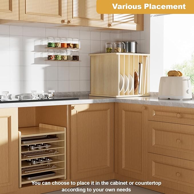 7 Tier Wooden Tray Dividers for Cabinets Cookie Sheet Organizer for Pot, Pans, Baking Tray Organizer for Kitchen Documents Storage(14" W x 16.5" H x 15.2" D)