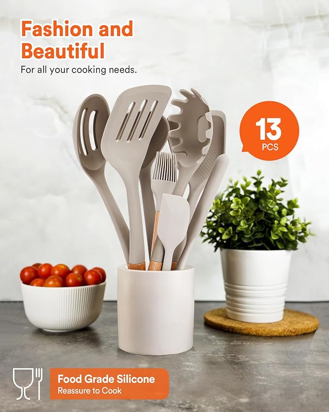 Kitchen Utensils Set, 13PCS Silicone Cooking Utensils, Heat Resistant Kitchen Utensil Spatula Set for Nonstick Cookware, Wooden Handles Kitchen Gadgets Tools Set