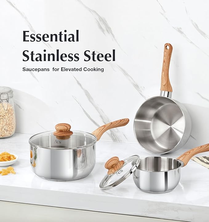 KOCH SYSTEME CS Stainless Steel Saucepan, 3 Quart Sauce Pan with Lid & Cool-Touch Bakelite Handle, 3 QT Saucepan with Lid, Induction Sauce Pan, Stainless Steel Pot 3 Quart