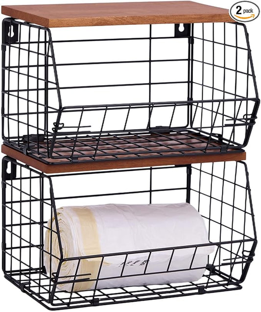 2 Pack XL Trash Bag Holder, Stackable Garbage Bag Dispenser with Wood Lid for Kitchen Countertop Pantry, Laundry & Under Sink Organization Storage