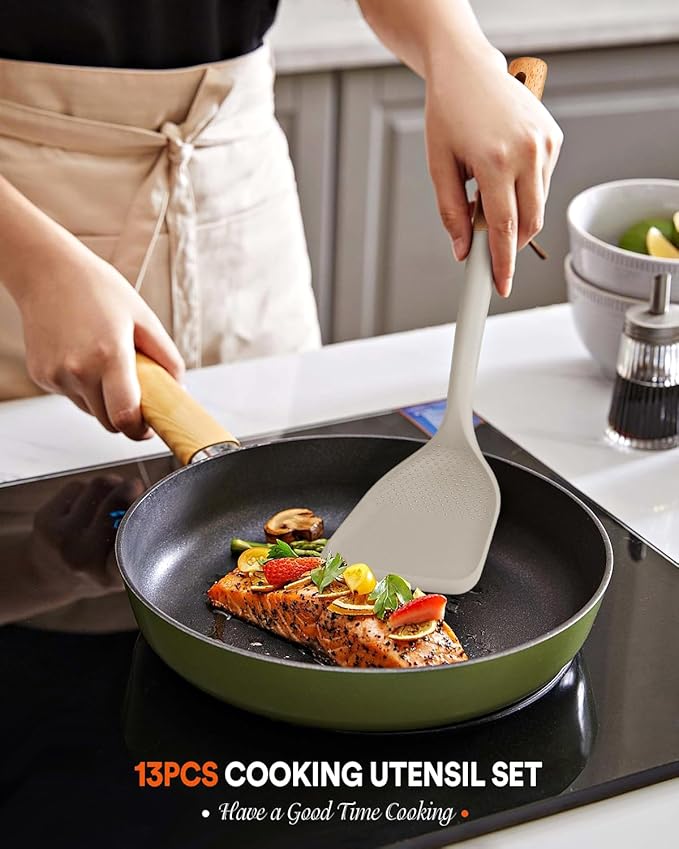 Kitchen Utensils Set, 13PCS Silicone Cooking Utensils, Heat Resistant Kitchen Utensil Spatula Set for Nonstick Cookware, Wooden Handles Kitchen Gadgets Tools Set