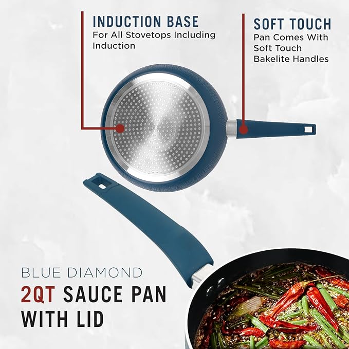 2 Quart Sauce Pan with Lid, Blue Diamond NonStick Small Pot with Tempered Glass Lid, Soft-Touch Handles, Induction Base