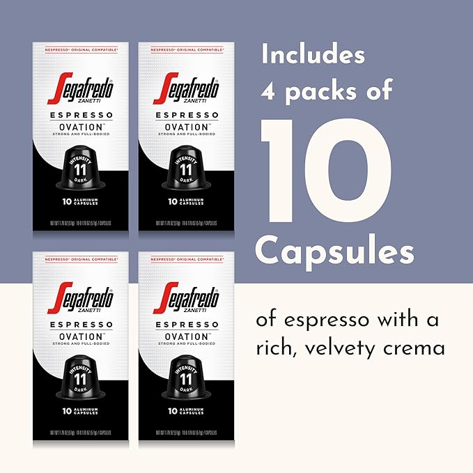 Segafredo Zanetti Espresso Capsules – Aluminum Pods for Nespresso Original Machines – Dark Roast Premium Espresso with a Full-Bodied Aroma – Strong, Intensity 11 – Ovation, 10 Count (Pack of 4)