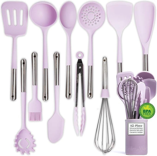 Larder & Vine 12-Piece Silicone Kitchen Cooking Utensils Set with Stainless Steel Handle and Ceramic Holder, Dishwasher Safe Set of Kitchen Essentials (Lavender)