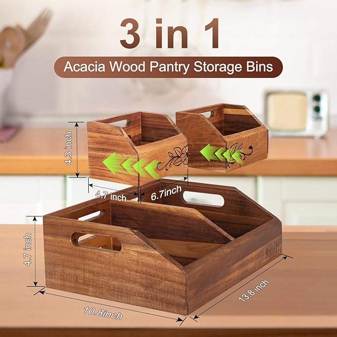 Acacia Wood Pantry Storage Bins for Kitchen, Onion & Potato Pantry Storage Organization, No installation Required, 2-tier Fruit and Vegetable Storage Containers, Snack Bins for Kitchen & Pantry