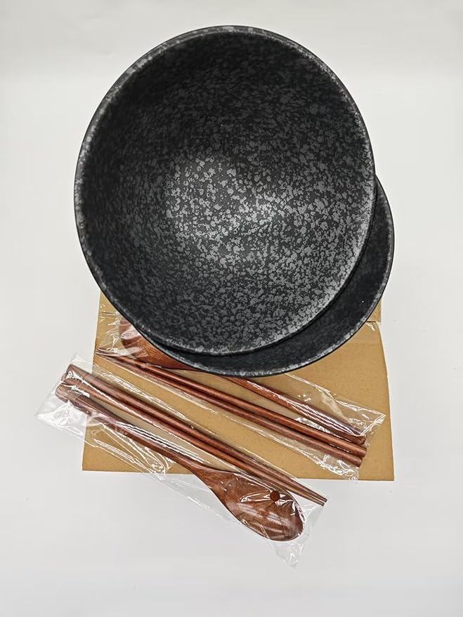2 x 40 OZ ceramic ramen bowls, 8 IN large Japanese noodle soup bowl, match chopsticks and spoons, suitable for Pho, Udon Asian noodles (Black color 2 set)