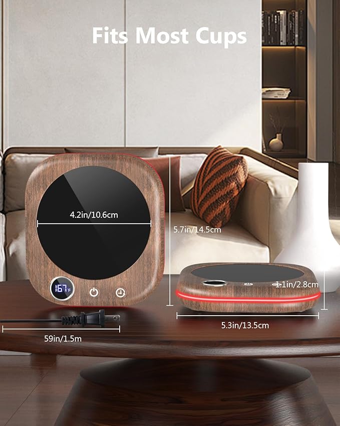 MQUPIN Mug Warmer, Coffee Mug Warmer for Desk- 3 Temp (113℉/131℉/167℉), 4 Hours Auto Off, Candle Warmer Plate with 1-12 Hours Timer, Coffee Accessories Keeping Beverage Warmer(Wood Grain)