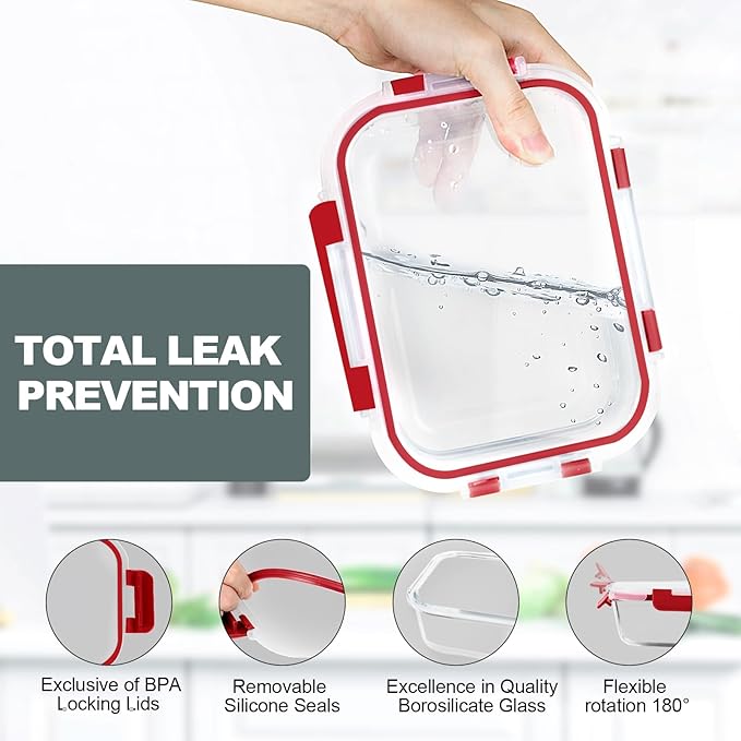 VERONES 10 Pack 22 OZ Glass Meal Prep Containers, Airtight Glass Lunch Containers Set, Glass Food Storage Containers with Lids,Exclusive of BPA, for Microwave, Oven, Freezer & Dishwasher Friendly,Red