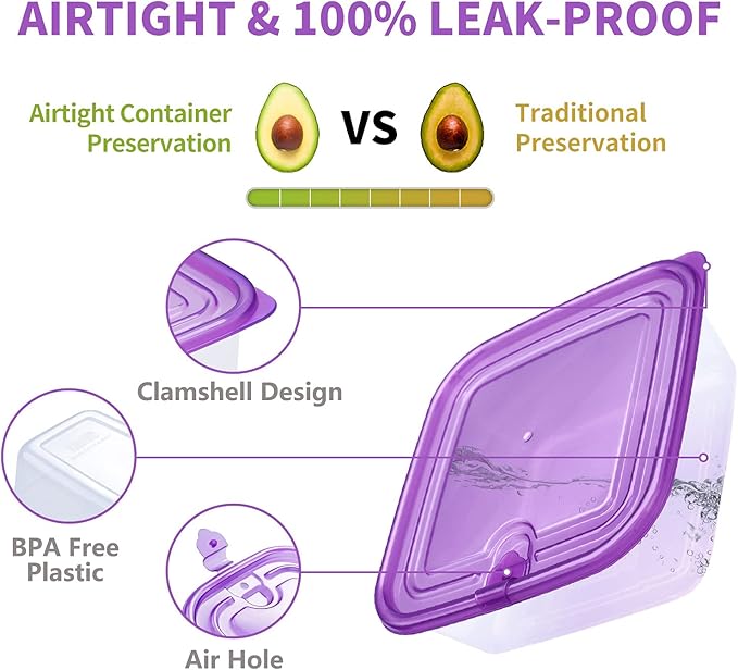 KIGI 【6 PACK 23.7oz Plastic Food Storage Containers with Lids Airtight Square Meal Prep Containers,Microwave,Freeze,Dishwasher Safe