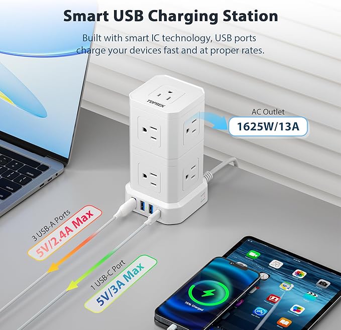 Power Strip with USB, TOPREK Power Strip Tower with 9 AC, 1 USB-C, 3 USB-A, Convertible Outlet Extender & Desk Charging Block with 6.5 FT Flat Plug Extension Cord for Home Office, Kitchen 1625W/13A
