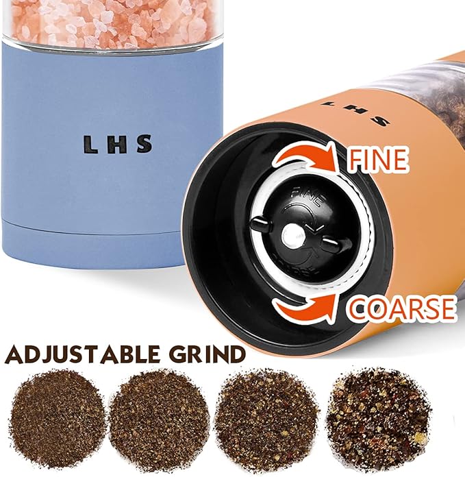 LHS Premium Salt and Pepper Grinder Set, Stainless Steel Salt Pepper Mill Set, Refillable Pepper Seasoning Mills with Adjustable Coarseness for Kitchen Use - 4.6 Inches(2-Pack, Orange & Blue)