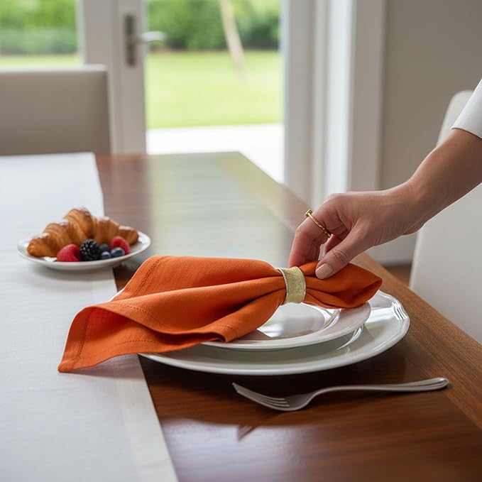 Hemstitched Linen Napkins – 20 Inch x 20 Inch – Stonewashed Pure Linen Cloth Dinner Napkins with Mitered Corners - 100% French Flax – Machine Washable - Set of 4 (Sunset Orange)