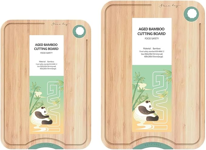 Aged Bamboo Cutting Board for Kitchen, Double-Sided Reversible with Juice Groove, Thick Durable, Standing Design for Fruits Meat Vegetables, Set of 2